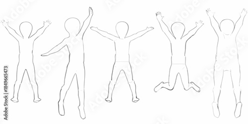 Simple line drawing of four people with arms raised in celebration