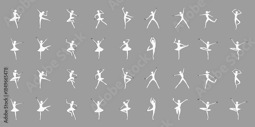 A collection of simple white line drawings depicting various ballet dancer poses