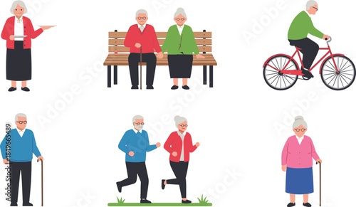 Senior people illustration set, elderly lifestyle activities, active retirement characters, grandparents daily life scenes, healthy aging vector, isolated white background