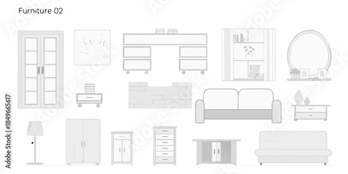 A collection of modern furniture items including sofas cabinets and a vanity mirror