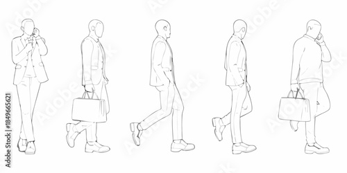 Line art illustration of men in suits walking and talking on phones