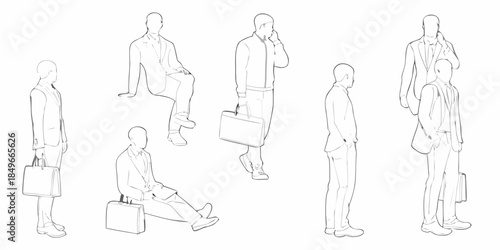 Line art illustration of business people in various poses and activities