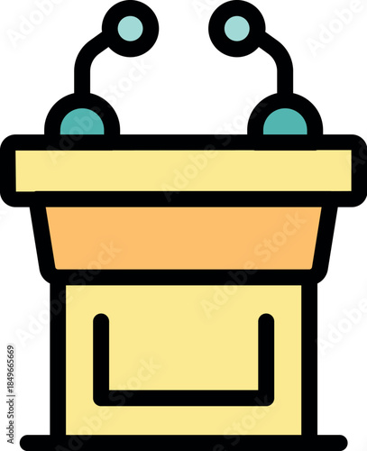 Wooden tribune with two microphones is set for conference, meeting or public speaking