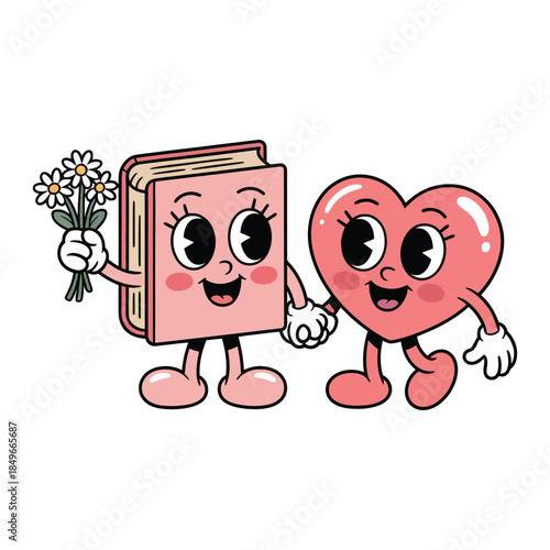 Cute cartoon illustration, in classic/retro style. A personalized pink book with big eyes, and legs/arms, including a bouquet of daisies. Next to it is a pink heart.