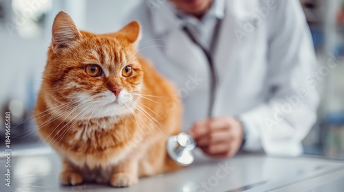 Professional examining a domestic feline with a medical instrument during a checkup