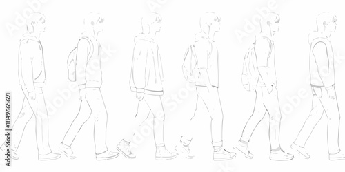 Line art character turnarounds depicting a young person walking in various poses