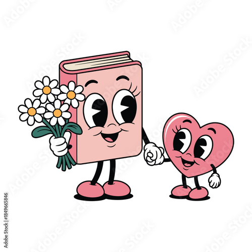 Cute cartoon illustration, in classic/retro style. A personalized pink book with big eyes, and legs/arms, including a bouquet of daisies. Next to it is a pink heart.