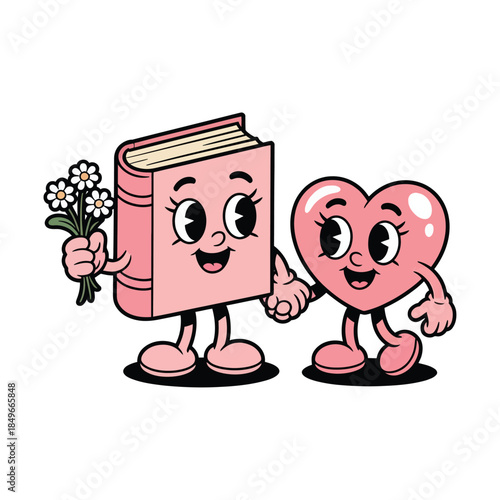 Cute cartoon illustration, in classic/retro style. A personalized pink book with big eyes, and legs/arms, including a bouquet of daisies. Next to it is a pink heart.