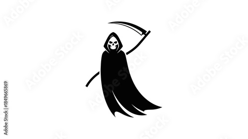 Grim Reaper Silhouette with Scythe on White Background