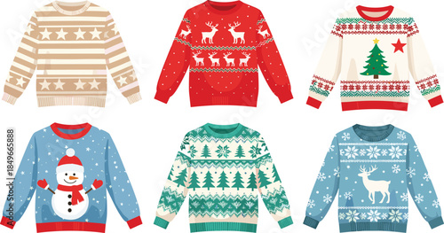 Ugly Christmas sweater illustration set, festive holiday knitwear collection, colorful winter jumpers with reindeer snowman patterns, isolated white background vector