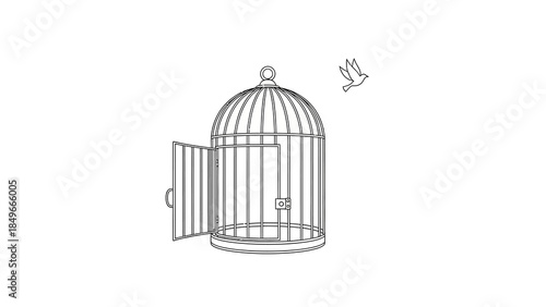 Minimalist illustration of an open birdcage with a flying bird