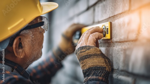 Experienced builder carefully checks the level of a masonry surface using a bright yellow instrument