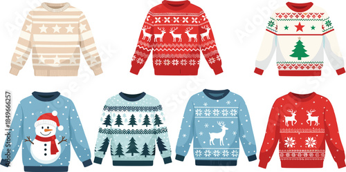 Ugly Christmas sweater illustration set, festive holiday knitwear collection, winter jumpers with reindeer snowman tree patterns, isolated white background vector