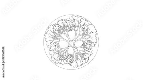 Intricate black and white mandala with tree and skull design