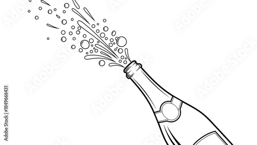 Champagne bottle popping with bubbles in black and white illustration