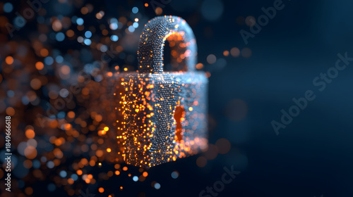 Cybersecurity Lock: A digital padlock, its form subtly fragmented into particles of light. It's a metaphor for the ever-evolving nature of cyber defense.