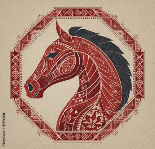 Flat vector illustration of a horse head pattern within an octagonal Chinese decorative border. Symmetrical composition with geometric shapes like diamonds, in solid dark red on light beige background