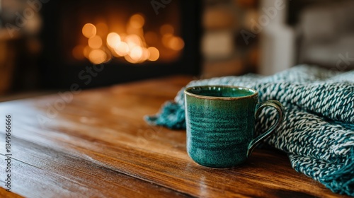 Ceramic mug rests on polished wood surface near warm glowing fireplace embers