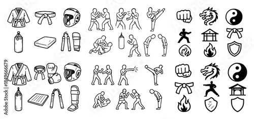 Karate icons: gear and martial arts poses