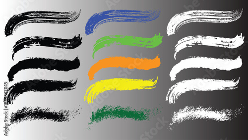 colorful grunge brush strokes collection with black white and vibrant paint textures on gradient background, abstract multicolor paint brush strokes set with rough grunge texture on gray gradient back