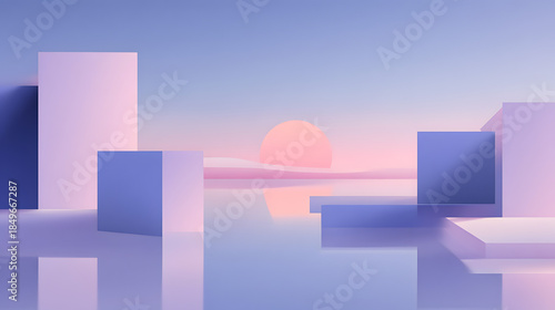 Geometric Serenity: A minimalist composition of geometric shapes, rendered in serene pastel hues, mirrored in a tranquil expanse of water with the sun softly setting in the distance.