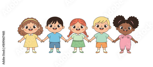 Five children holding hands in colorful outfits on a white background  