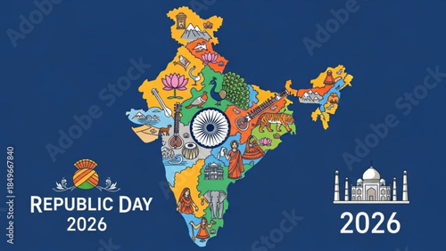 Vibrant India Map Celebrates Republic Day 2026 with Cultural Symbols and Landmarks in Bright Colors and Illustrations