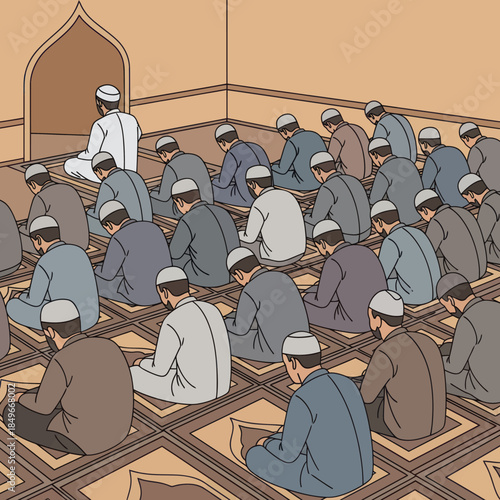 Muslim Men Praying in Mosque Together.