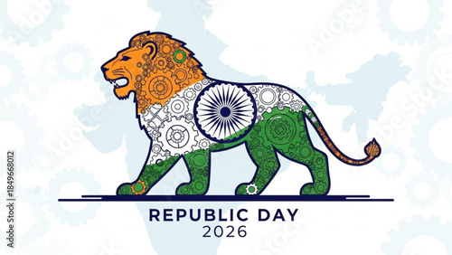 Vibrant Lion Celebrates India's Republic Day 2026 with Patriotic Colors and Symbolism in Stunning Graphic Design Illustration