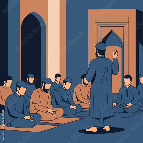Muslim Cleric Leading Prayer Session Men.