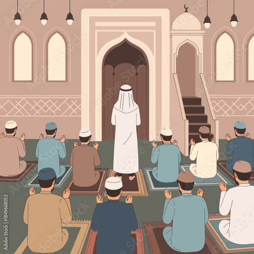 Imam Leading Prayer in Mosque Illustration.