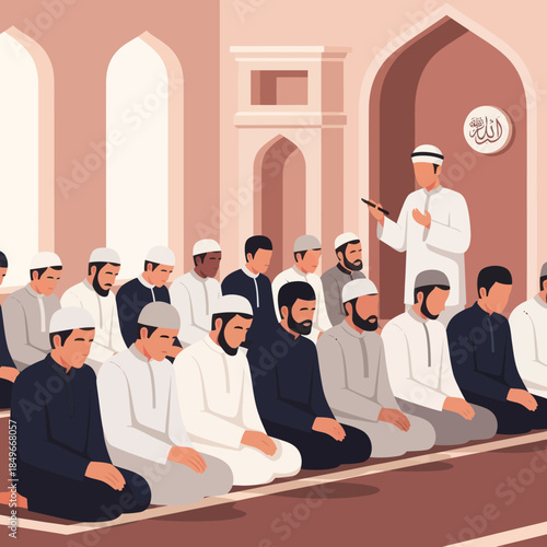 Group of Muslim Men Praying Together.