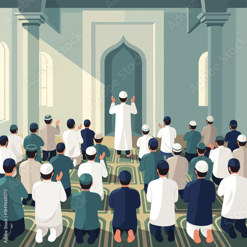 Muslim Men Praying in Mosque Together.