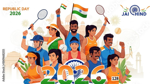 Vibrant Indian Athletes Celebrate Republic Day 2026 with Flags and Sports Equipment in Energetic Illustration