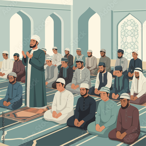 Group of Muslim Men Praying Together.