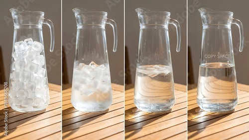 Melting Ice in Glass Pitcher on Wooden Table.