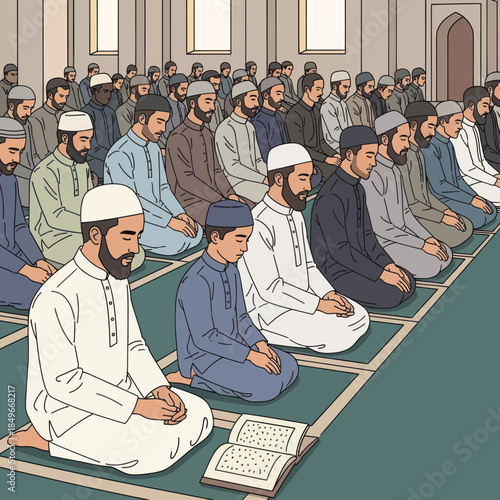 Group of Muslim Men Praying Together.