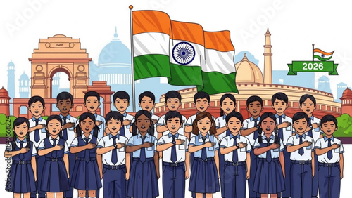 Celebrating India's Republic Day with Unity and Pride in 2026, School Children Waving National Flag in Front of Landmarks
