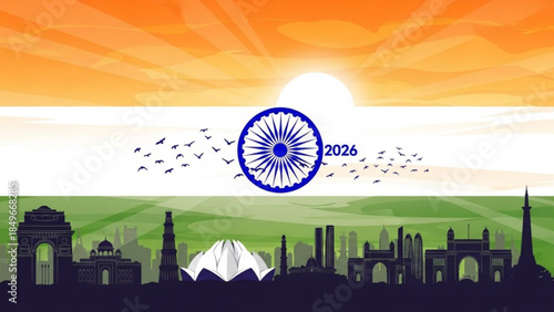 Vibrant Indian Cityscape with Monumental Landmarks, Birds, and Ashoka Chakra Symbol Under Warm Sunset Sky with 2026 Celebration