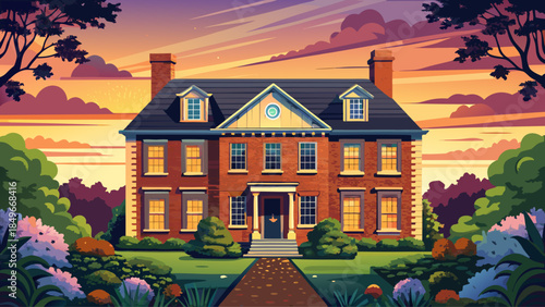 Very beautiful double exposure of a colonial style brick home in Kenosha, Wisconsin, blended with lush greenery and a soft sunset background, creating a warm, elegant, and artistic residential scene.