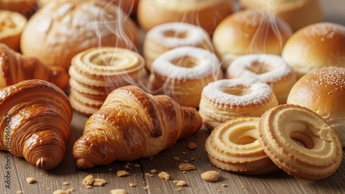 Wallpaper Mural Assortment of freshly baked croissants and pastries with steam and powdered sugar on wooden surface Torontodigital.ca