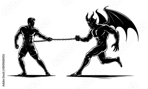 Black Silhouette of Muscular Man Pulling Chain Against Winged Horned Devil in Tug of War Struggle, Good vs Evil Symbolic Concept, Temptation and Resistance Illustration, White Background Vector