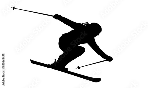 Dynamic Black Silhouette of Alpine Skier in Action Pose Leaning Forward with Ski Poles and Skis, Winter Sports Downhill Skiing Illustration, Adventure Speed Motion Vector, White Background