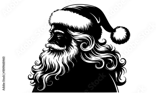 Classic Black Silhouette Portrait of Santa Claus in Profile with Beard and Santa Hat, Festive Christmas Father Christmas Profile View, Vintage Holiday Vector Illustration, White Background