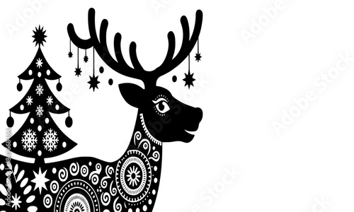 Black and White Scandinavian Folk Art Reindeer with Intricate Floral Patterns Ornaments and Christmas Tree, Nordic Style Holiday Deer Illustration, Traditional Winter Decoration Vector