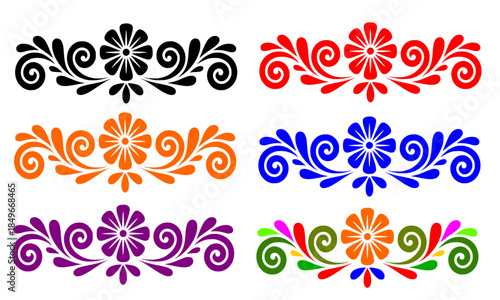Set of Six Colorful Symmetrical Floral Border Ornaments in Folk Art Style Variations Black Red Orange Blue Purple Multicolor, Traditional Mexican Embroidery Inspired Decorative Elements Collection