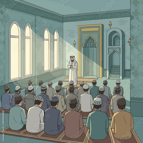 Muslim Men Praying in Mosque Together.