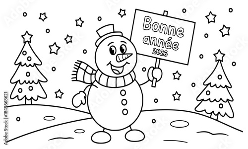 Bonne Année Snowman Coloring Page, French Happy New Year Line Art with Cute Snowman Holding Sign, Black and White Printable Kids Winter Activity, Festive Snow Scene with Christmas Trees and Snowflakes