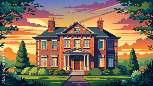 Very beautiful double exposure of a colonial style brick home in Kenosha, Wisconsin, blended with lush greenery and a soft sunset background, creating a warm, elegant, and artistic residential scene.