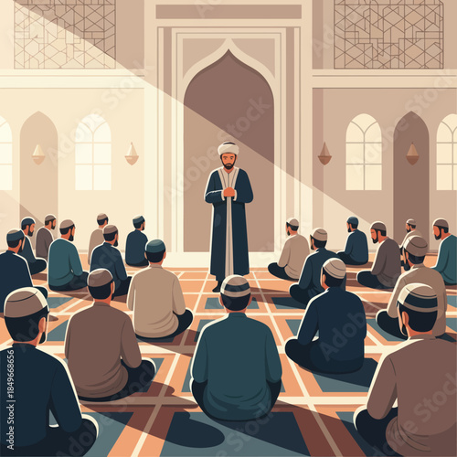 Man leading prayer in mosque illustration.